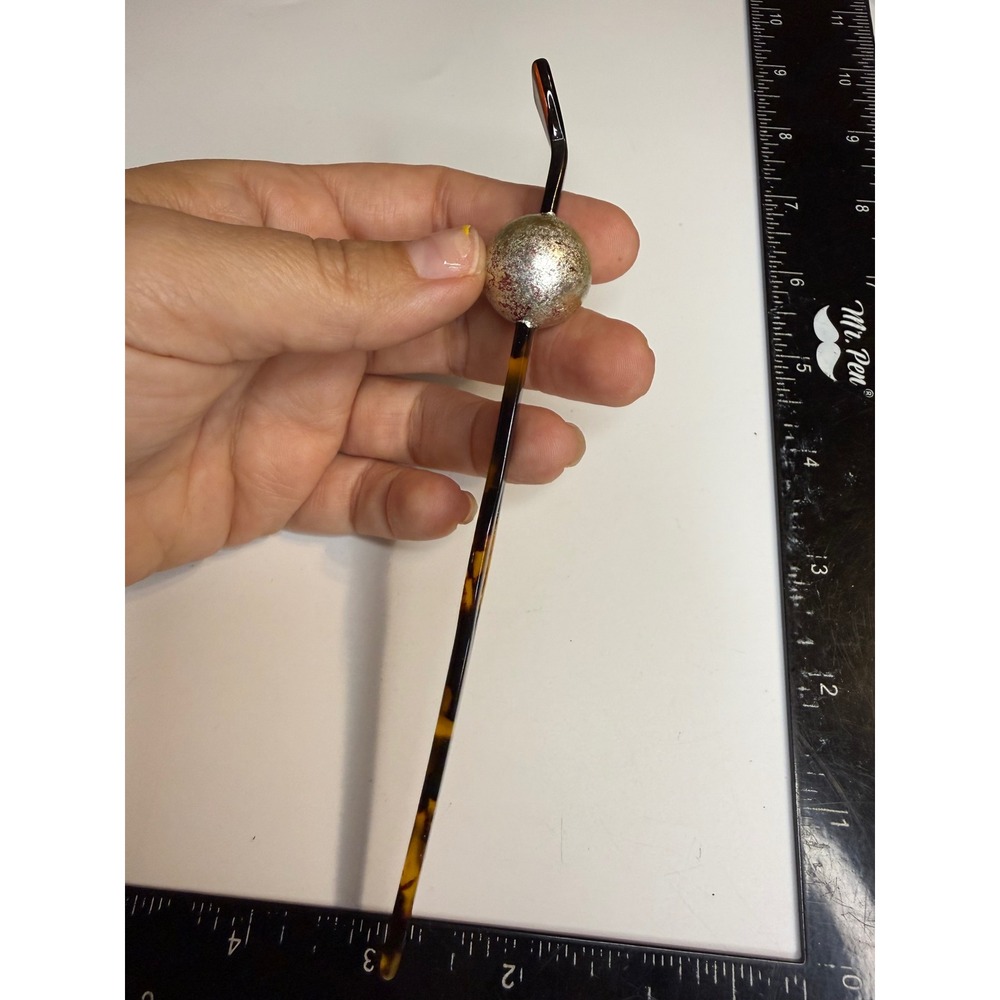 Tortoise Shell Pattern Hair Stick with Silver Tone Bead Accent 7 Inch